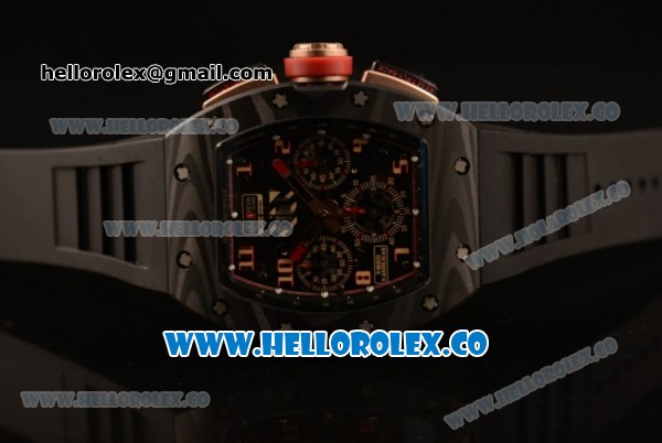 Richard Mille RM 011 Romain Grosjean Chronograph Miyota 9015 Automatic Carbon Fiber Case with Skeleton Dial Rose Gold Arabic Numeral Markers and Rubber Strap (KV) - Click Image to Close